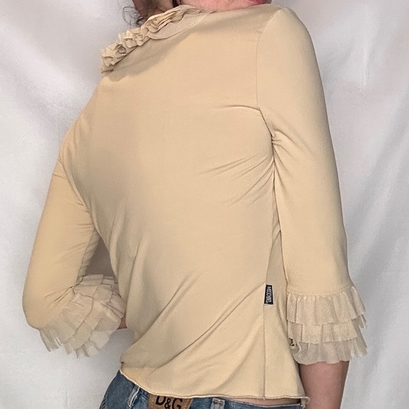 Moschino Jeans Beige Mesh Ruffle Trim Cardi/Blouse - Picture 7 of 11